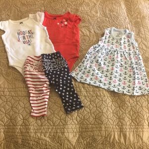 Two USA onesies, flag pants, anchor dress 6M